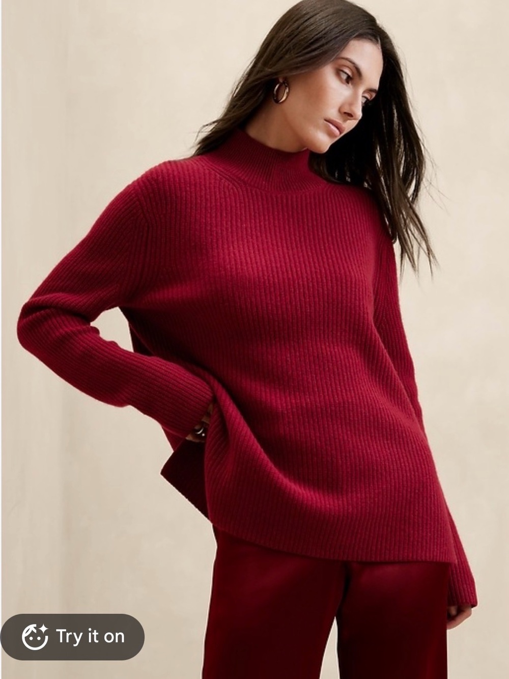 Banana Republic Ribbed Mock Neck Cashmere Sweater in Winterberry Red Size XS